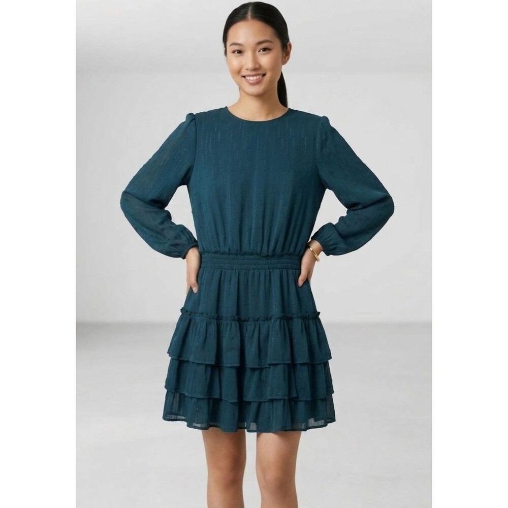 Express Deep Teal Lurex Clip Dot Tiered Ruffle Mini Dress - Size M